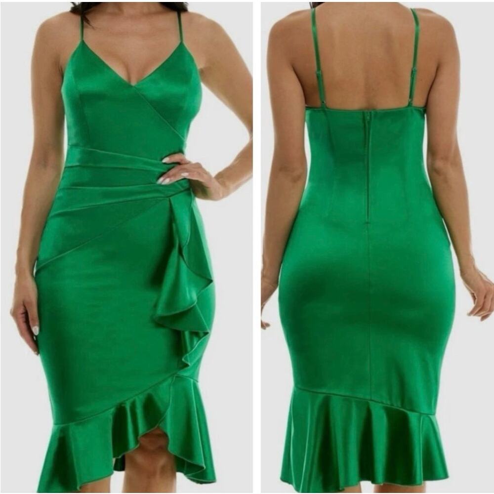 Emerald Sundae Cocktail Dress XS Green Satin Ruffle Flounce Holiday Party V-Neck